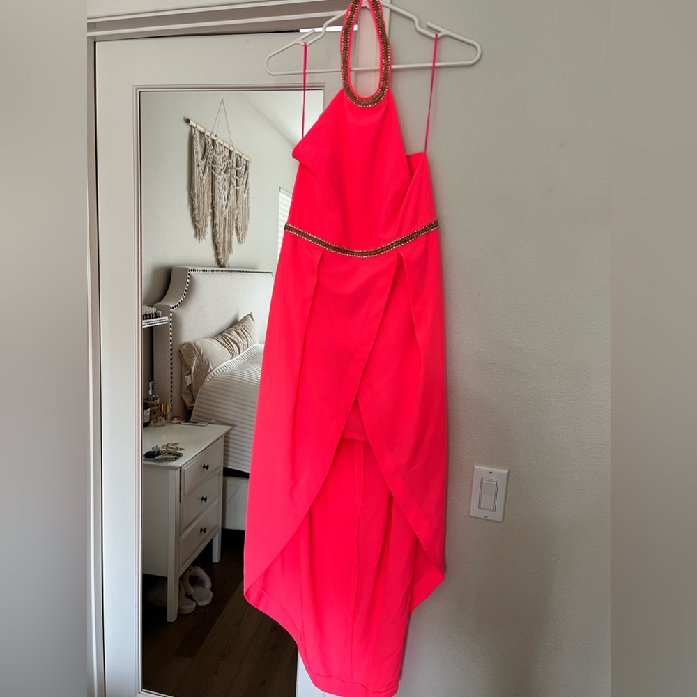 Hot pink high low dress with rhinestone trim